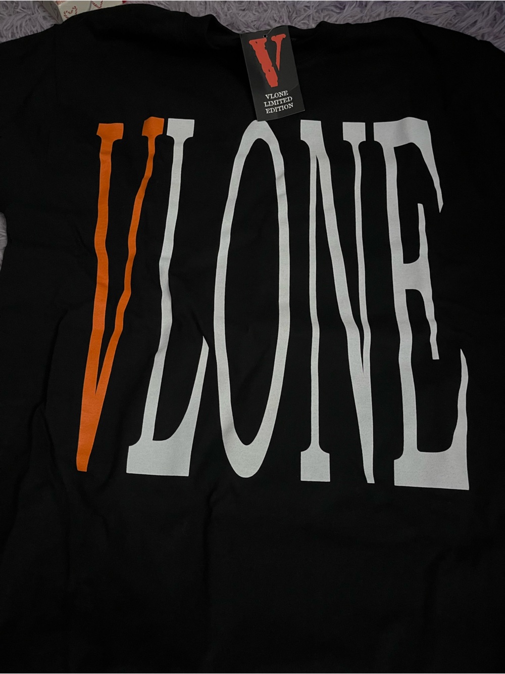 VLONE Black Tee with White Logo and Orange Stripe